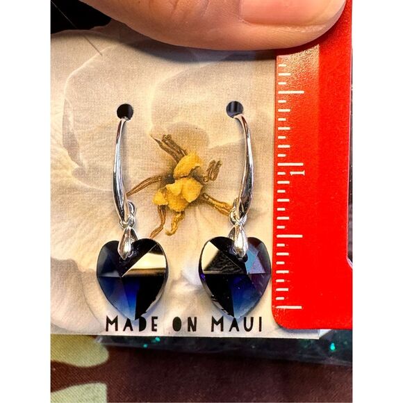 228A. Swarovski Dark Indigo Heart & Sterling Silver Earrings Made on Maui - Picture 3 of 4